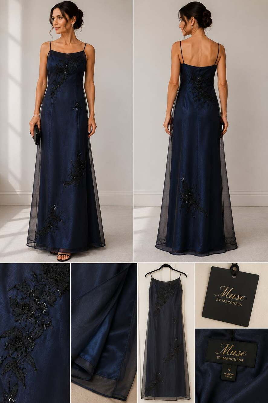 Muse by Marchesa Navy Blue Embellished Floral Beaded Evening Gown